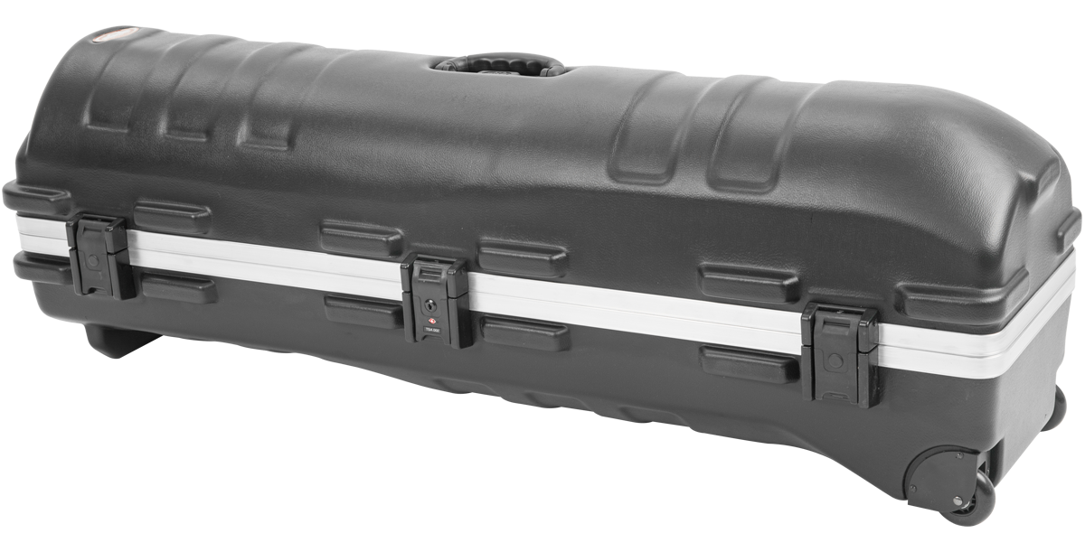 Angled side view of ATA Staff Pro XL Golf Travel Case, featuring durable latches and molded handle for easy transport.