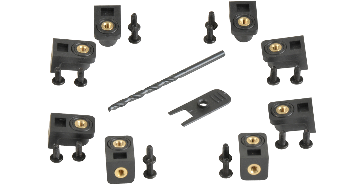 Complete SKB 3i Series Panel Mount Kit including panel clips, O-rings, screws, drill bit, and guide for secure panel installation.