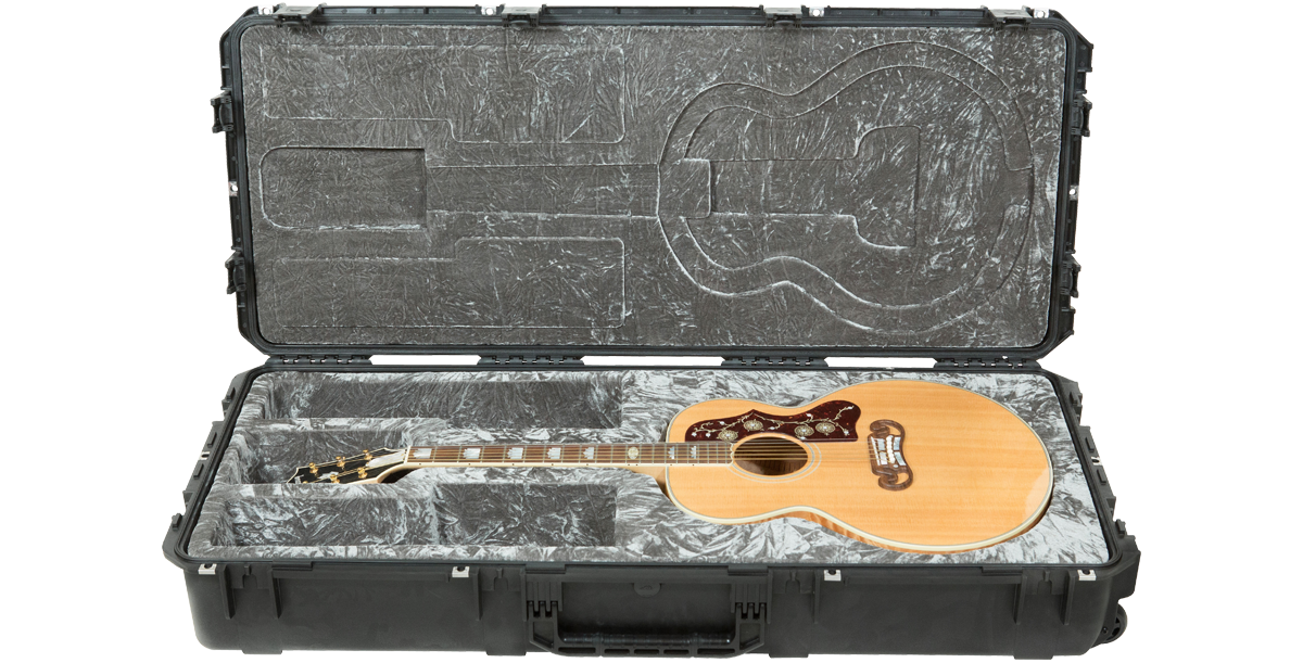 Jumbo Acoustic Guitar Case with waterproof shell and plush interior, securely holding a jumbo acoustic guitar for safe transport.