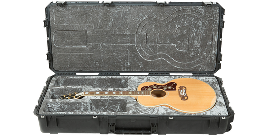 Jumbo Acoustic Guitar Case with waterproof shell and plush interior, securely holding a jumbo acoustic guitar for safe transport.