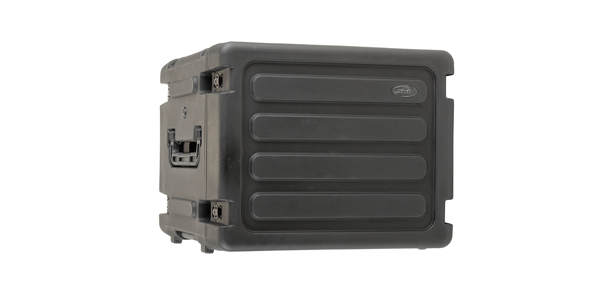 Side view of 20-inch Shock Rack showing molded logo and secure latches for stacking and transport stability.