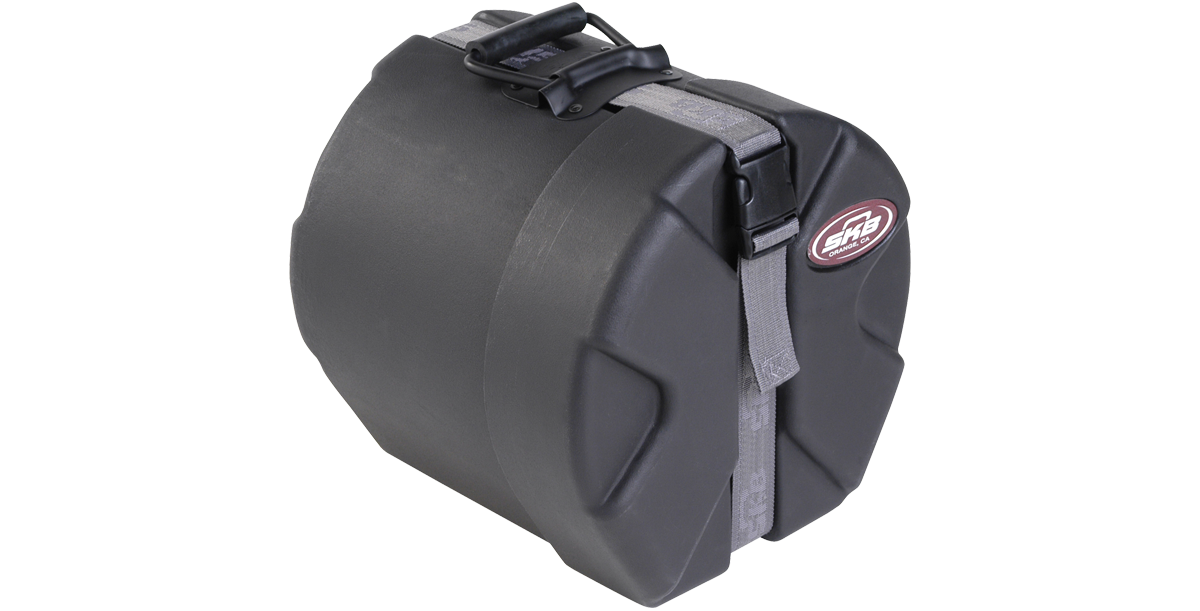 Side view of 8 x 8 Roto-Molded Drum Case with durable strap and ergonomic handle for easy transport and stacking.