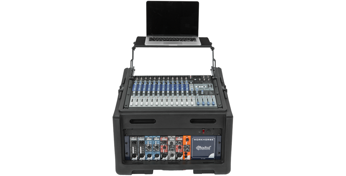 Compact rolling rig with 10U mixer, 4U rack, and laptop tray in upright position. Designed for portable DJ and audio production use.