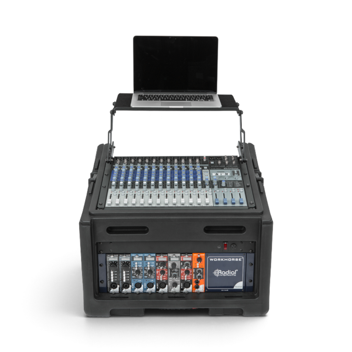 Compact rolling rig with 10U mixer, 4U rack, and laptop tray in upright position. Designed for portable DJ and audio production use.