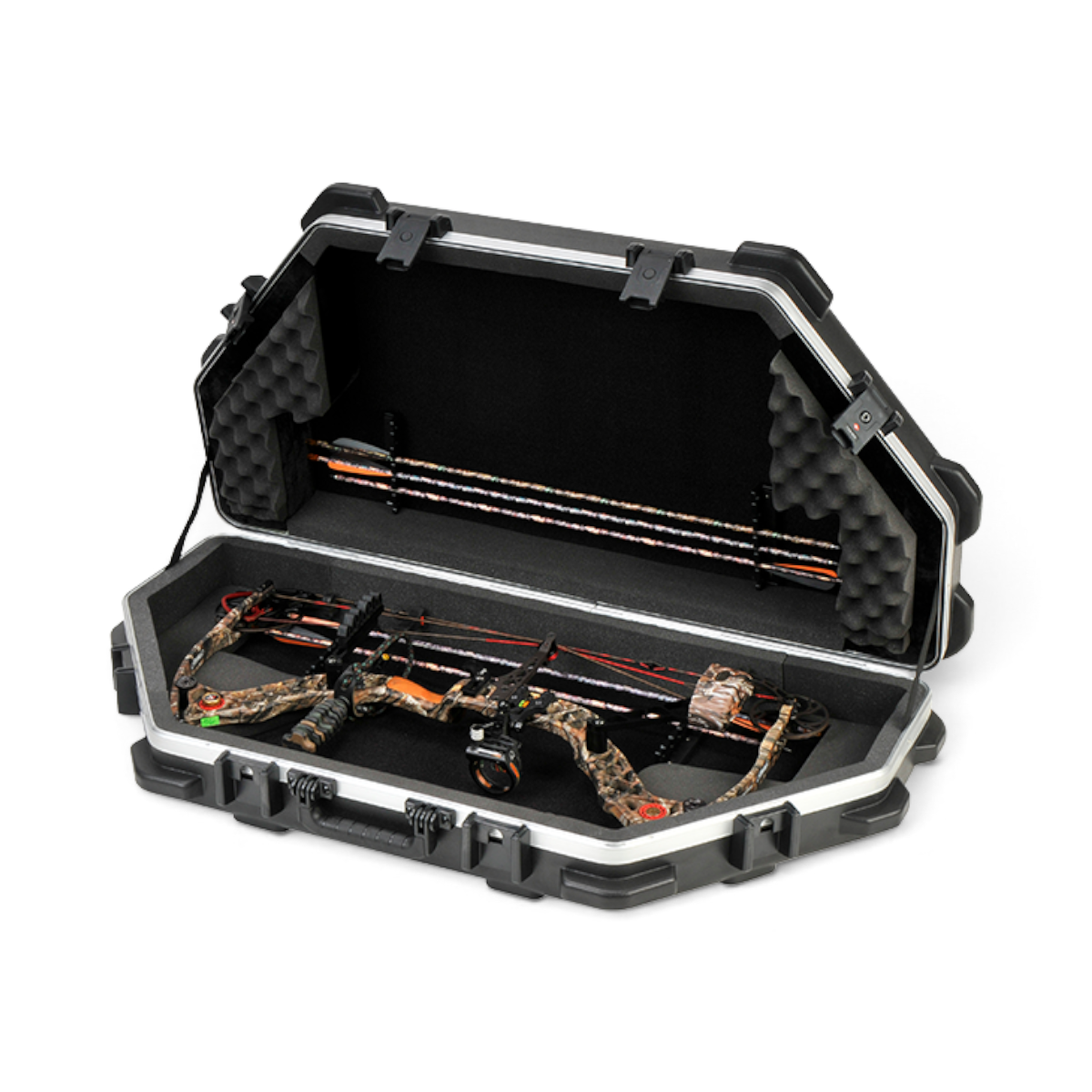 SKB Cases ATA parallel limb bow case with foam interior, TSA latches, and camouflage compound bow inside