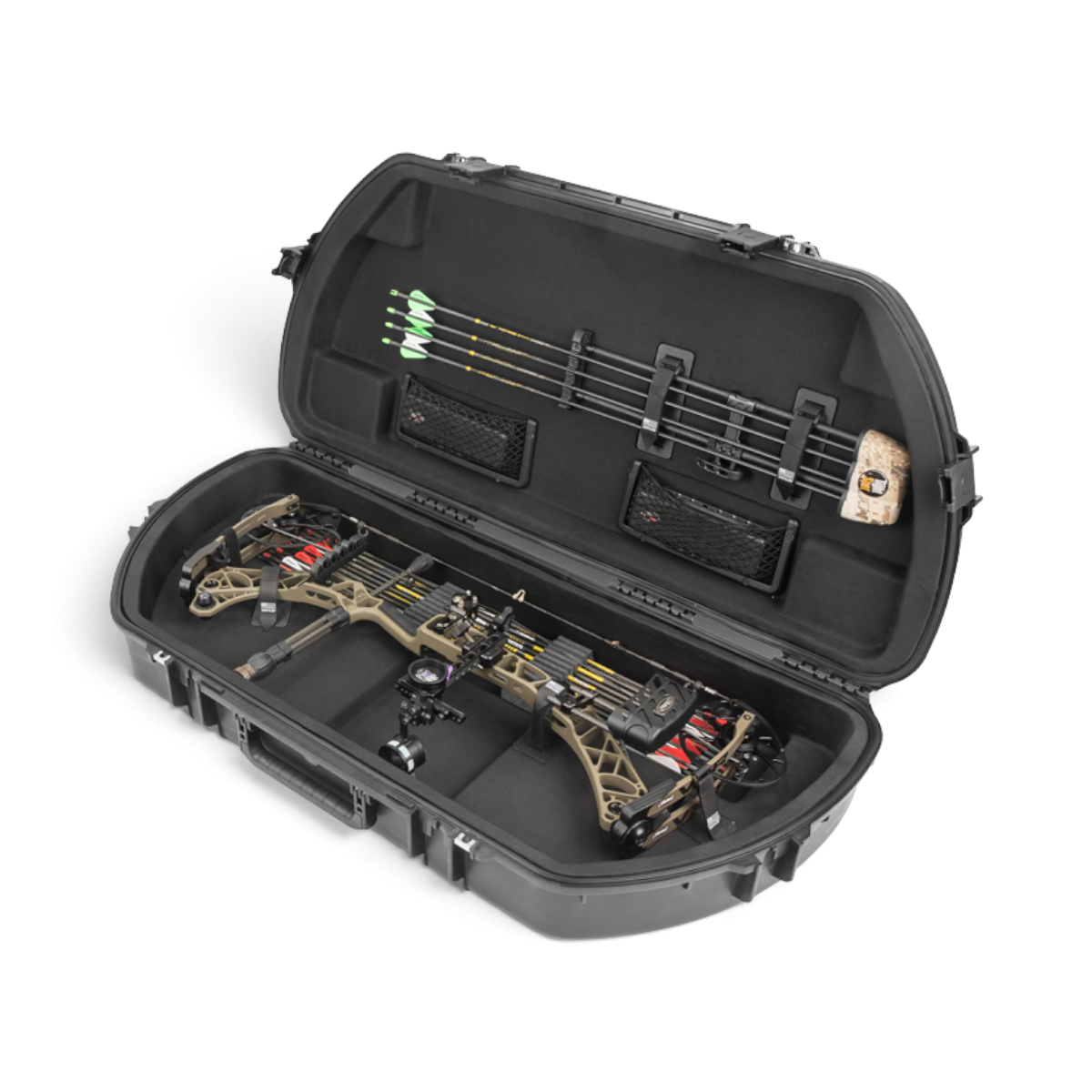 SKB Cases iSeries 4318 waterproof bow case with tan compound bow, arrow storage, and mesh accessory pockets inside.
