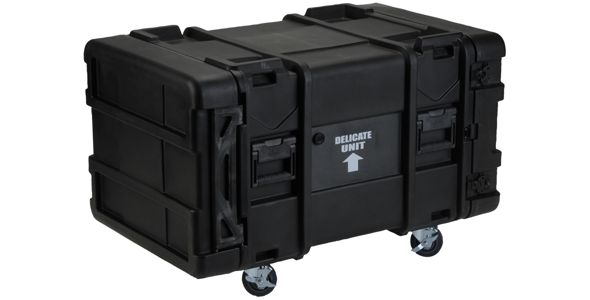 Angled rear view of 28-Inch Shock Rack with reinforced corners and mobility wheels, designed for secure server housing.