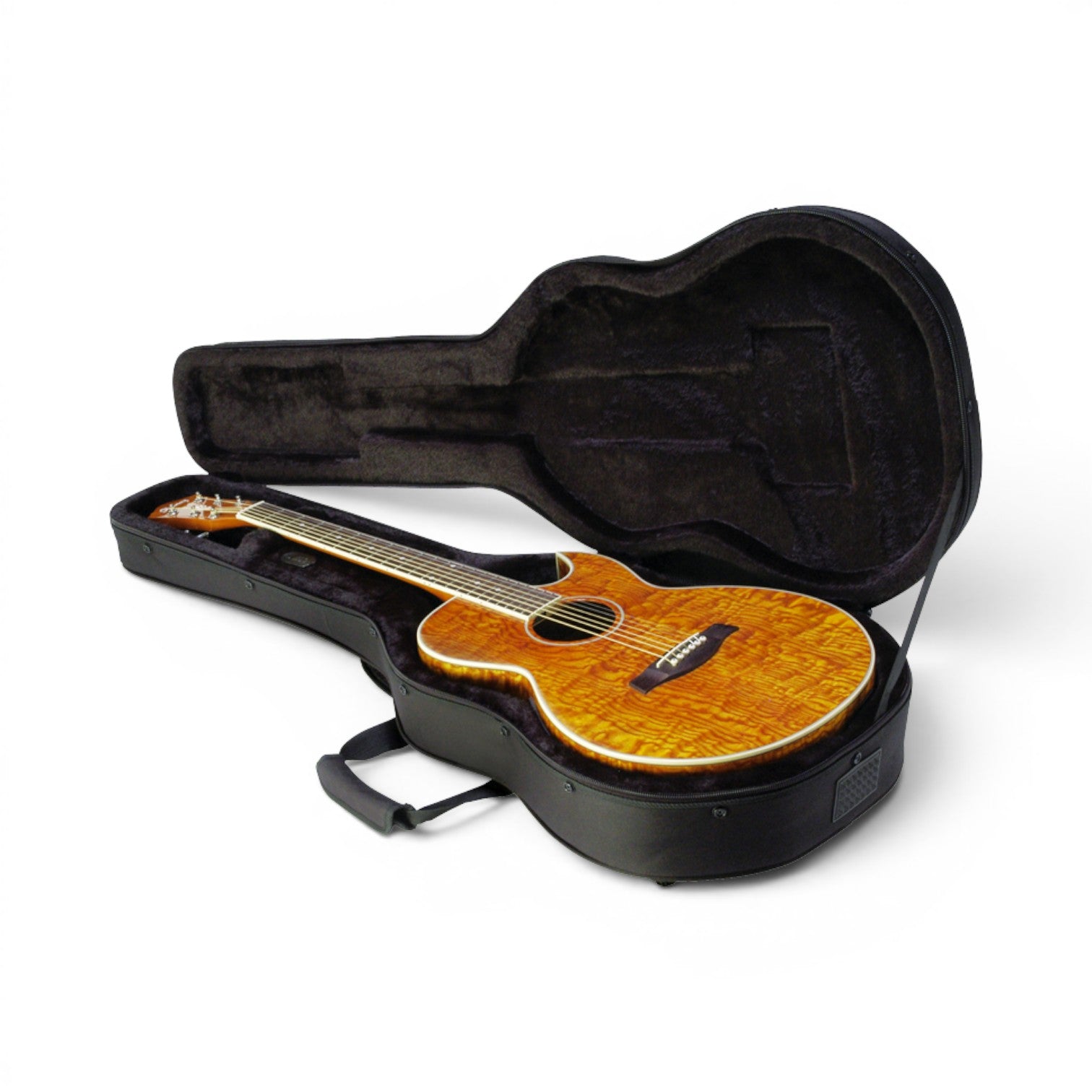 Thin-line Guitar Soft Case with acoustic guitar inside, showcasing plush interior and rigid foam inserts for secure protection.