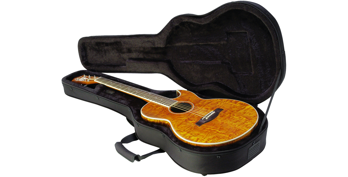 Thin-line Guitar Soft Case with acoustic guitar inside, showcasing plush interior and rigid foam inserts for secure protection.