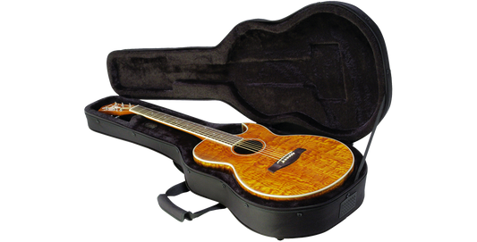 Thin-line Guitar Soft Case with acoustic guitar inside, showcasing plush interior and rigid foam inserts for secure protection.