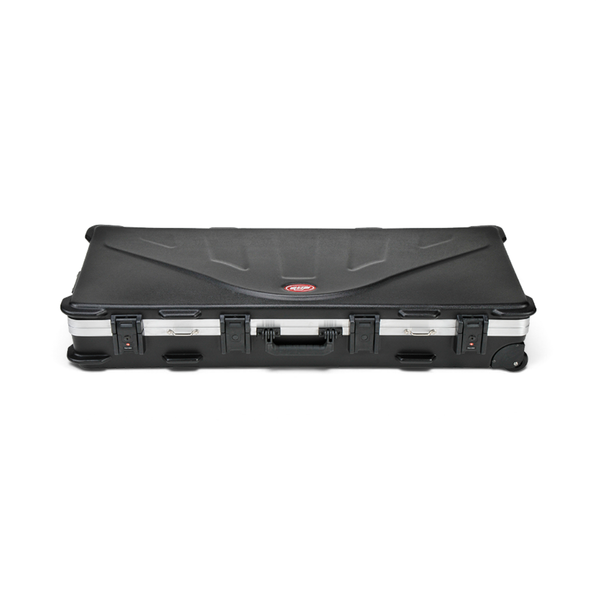 SKB Cases ATA double bow case in black, featuring heavy-duty locking latches and wheels for secure airline travel.