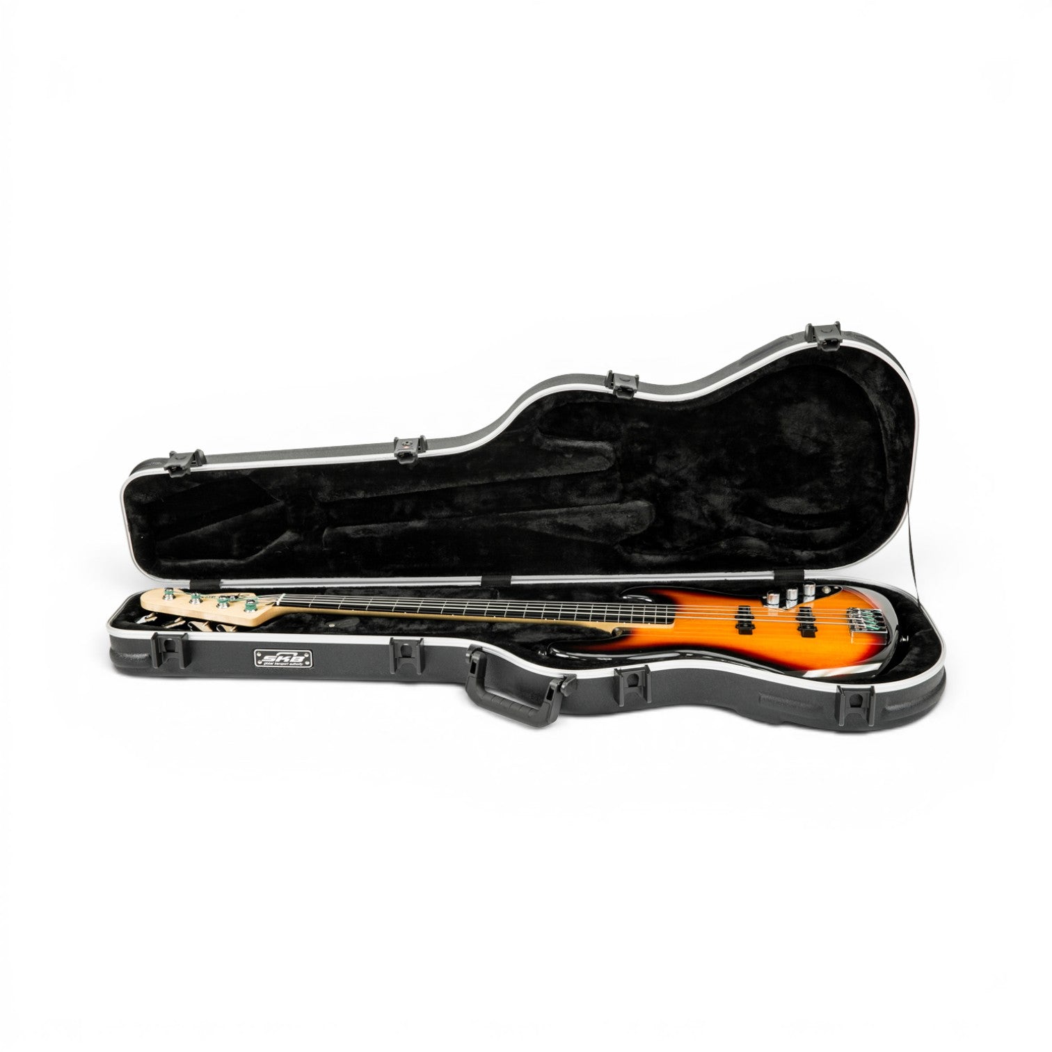 Precision Jazz Bass Case with TSA Lock shown open with a sunburst bass guitar inside, featuring plush interior and molded fit for secure transport.