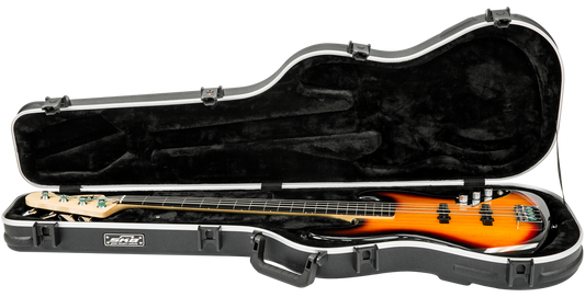 Precision Jazz Bass Case with TSA Lock shown open with a sunburst bass guitar inside, featuring plush interior and molded fit for secure transport.
