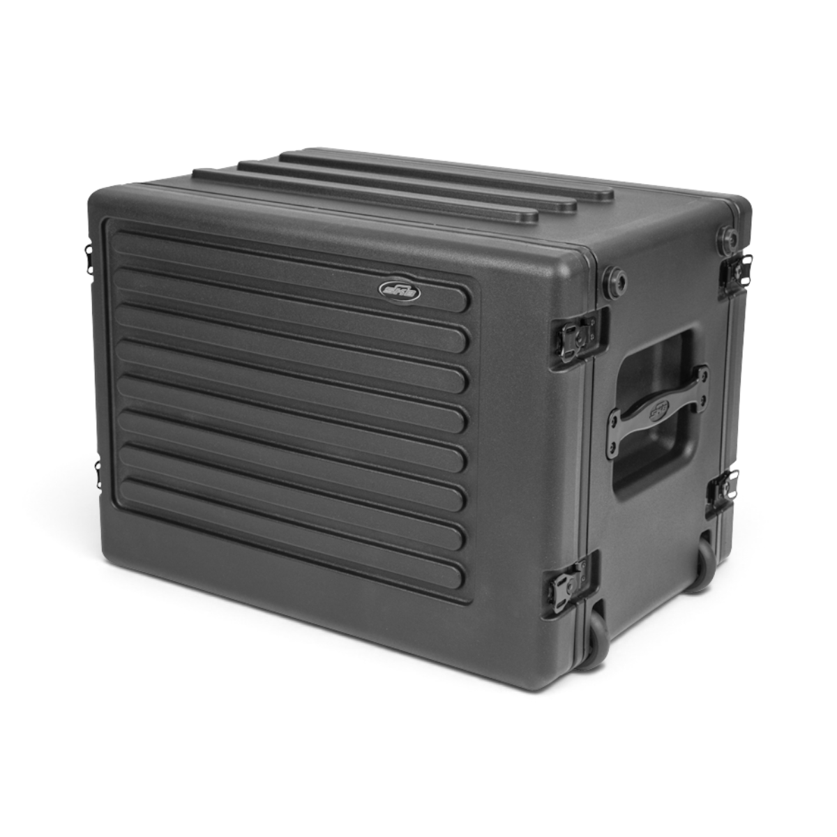 SKB Cases 8U rSeries shallow rolling rack in black polyethylene with side wheels and recessed steel latches.