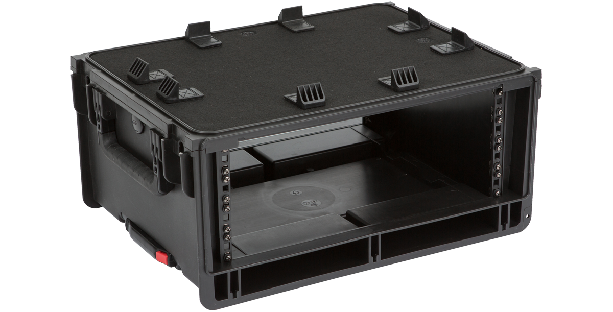 Empty 4U Injection Molded Studio Rack Case with molded-in rack rails and reinforced corners for secure equipment housing.