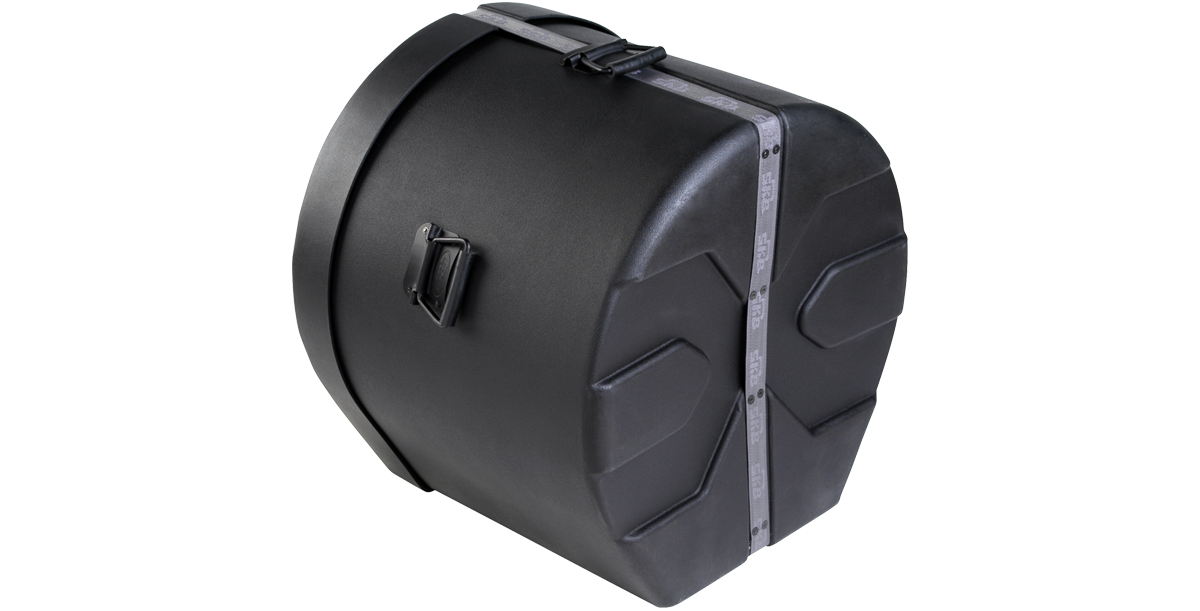 Angled side view of 16x20 Roto-molded bass drum case featuring ergonomic handles and reinforced shell for percussion protection.