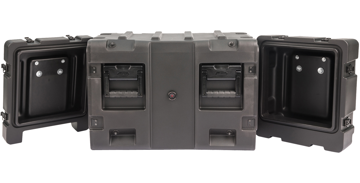 20-inch Shock Rack Case by SKB with both lids open, revealing interior padding and shock-mounted rack frame.