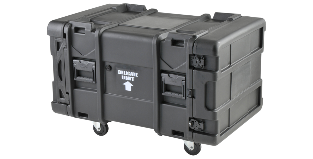 Side view of 30-inch Shock Rack - 8U with durable handles and reinforced corners, designed for stacking and rapid deployment in IT environments.