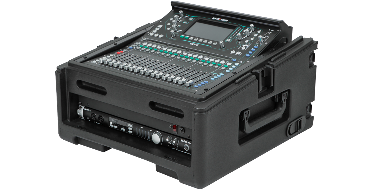 Compact Rolling Rig Case with 10U top and 2U rack rails, housing a digital mixer and rack-mounted audio gear.