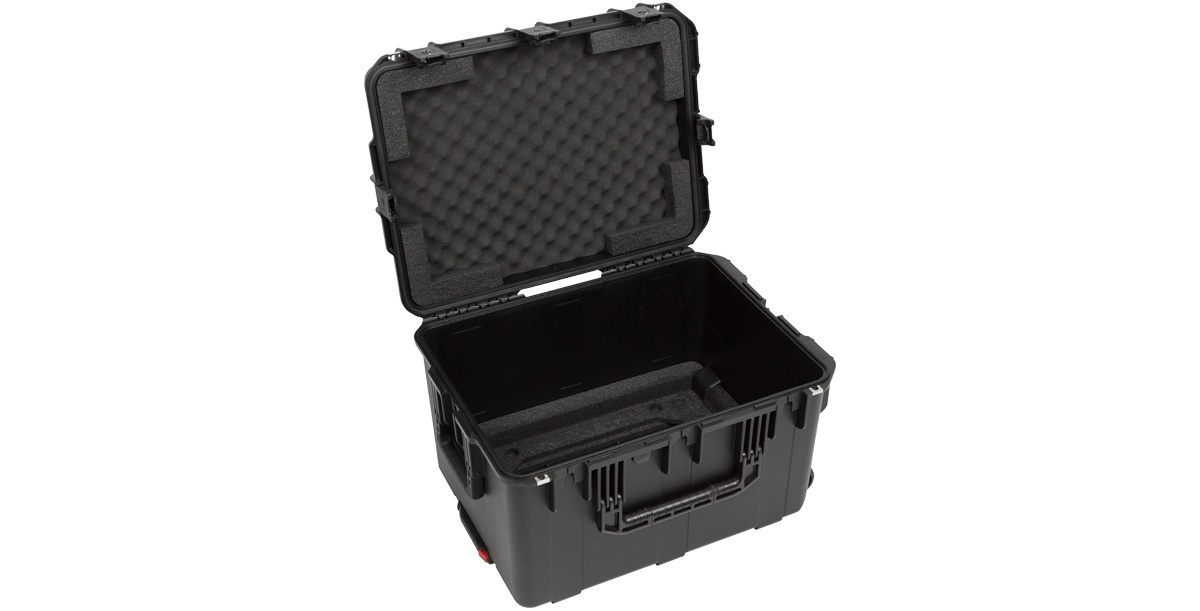 Top-down view of open iSeries Fly Rack case without rack frame, emphasizing spacious interior and protective foam for safe equipment transport.