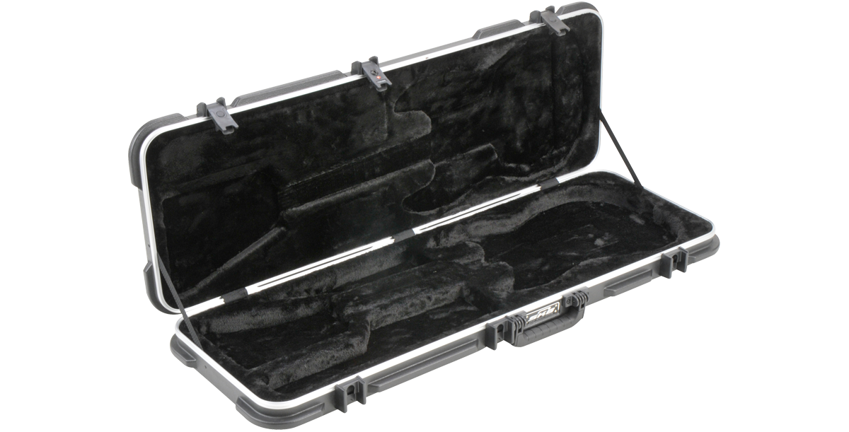 Universal fit electric guitar case angled view showing plush molded interior, ideal for Stratocaster and Telecaster guitars with secure latches.