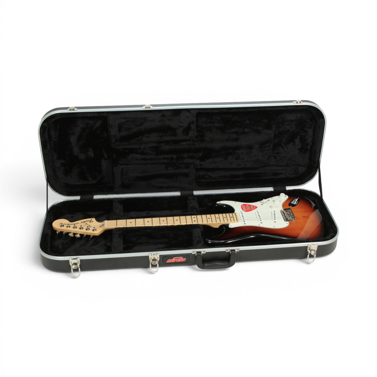 Economy Electric Guitar Case with plush lined interior securely holding a Stratocaster-style guitar. Durable and affordable protection for electric guitars.