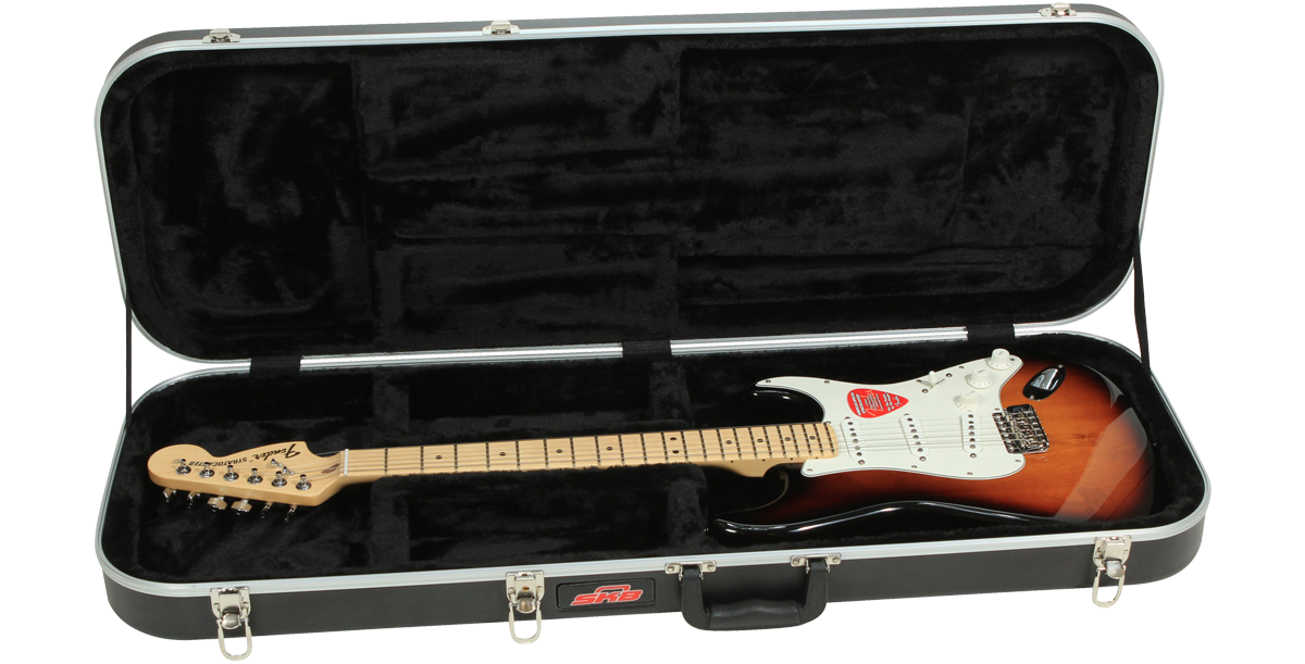 Economy Electric Guitar Case with plush lined interior securely holding a Stratocaster-style guitar. Durable and affordable protection for electric guitars.