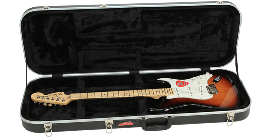 Economy Electric Guitar Case with plush lined interior securely holding a Stratocaster-style guitar. Durable and affordable protection for electric guitars.