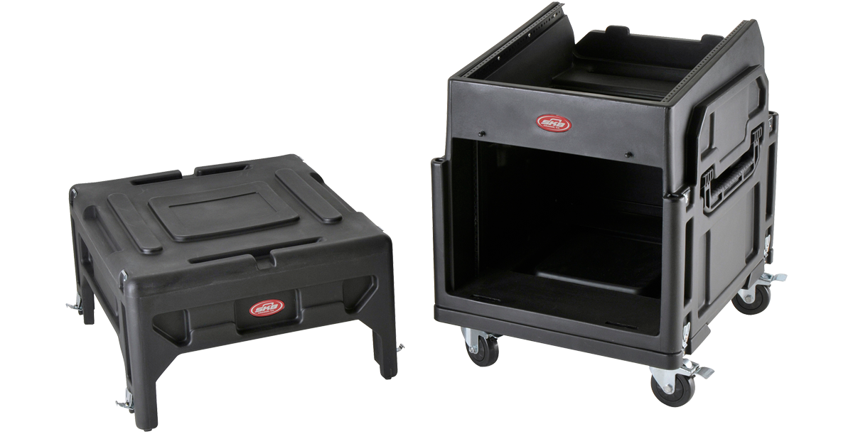 SKB Gig Rig case separated into top and bottom sections, showcasing rugged design and easy transport features for audio professionals.
