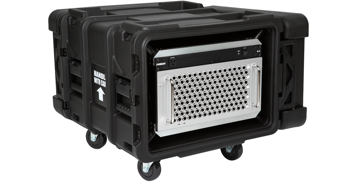 6U Shock Rack - 24-inch rSeries on wheels with Mac Pro inside, labeled 'Handle With Care' for secure mobile deployment.