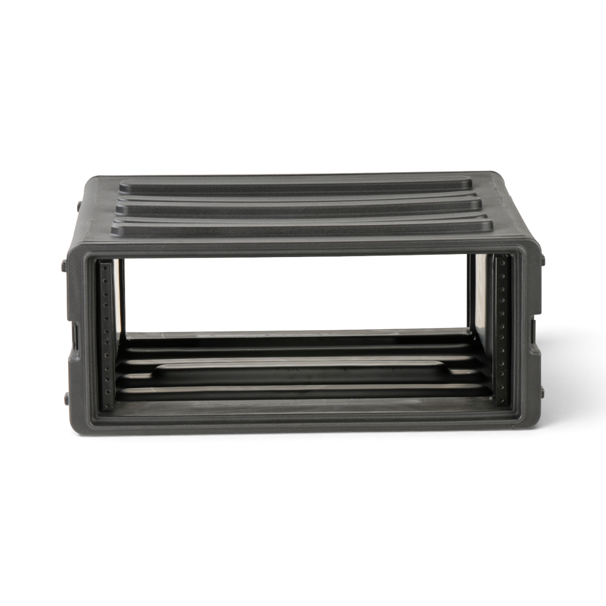 Front view of 4U rSeries Rack - Durable Rack Mount Case with open frame and polyethylene construction for secure vacuum accessory storage.