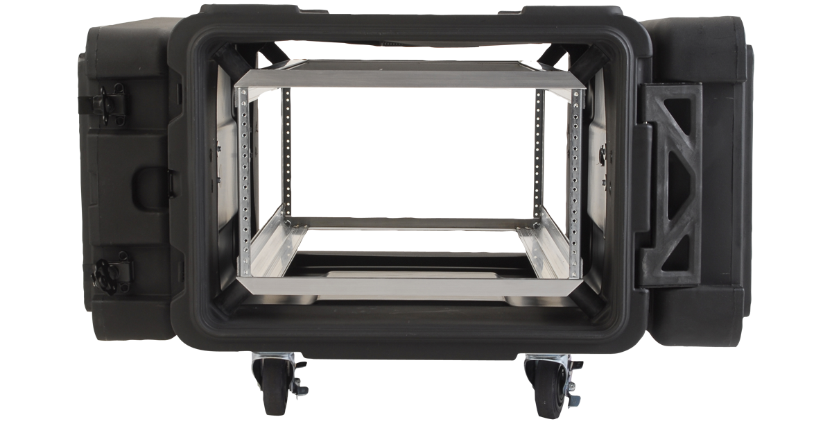Front view of 6U Deep rSeries Shock Rack - 30 Inch Case with open lid, showing pre-threaded rack rails for secure server mounting.