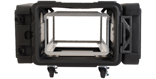 Front view of 6U Deep rSeries Shock Rack - 30 Inch Case with open lid, showing pre-threaded rack rails for secure server mounting.
