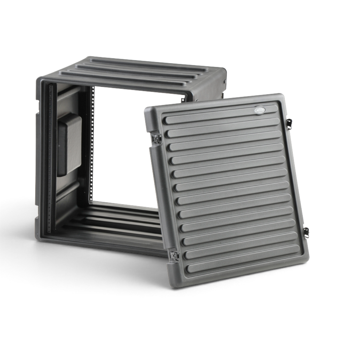 Durable 12U Roto Rack Case shown with removable front lid, featuring interlocking design and rugged construction for stacking.