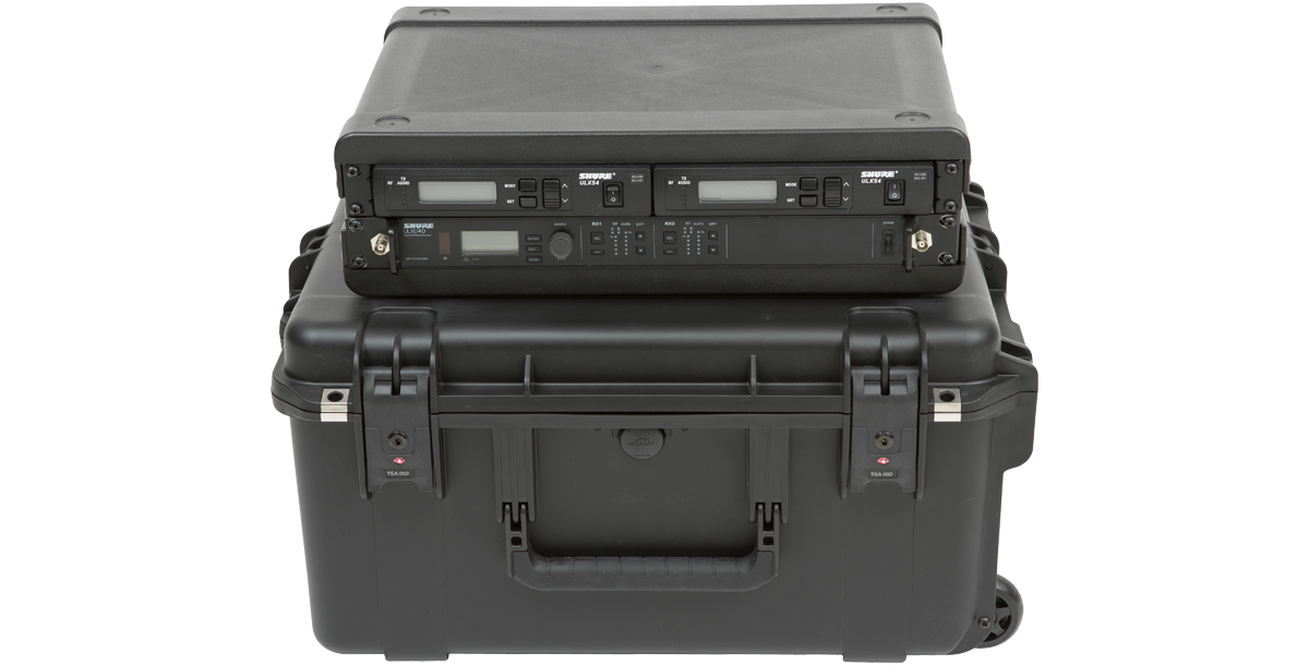 2U Wireless Mic Fly Rack securely mounted on rugged black transport case for wireless mic systems and rack gear storage.