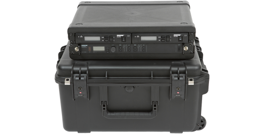 2U Wireless Mic Fly Rack securely mounted on rugged black transport case for wireless mic systems and rack gear storage.