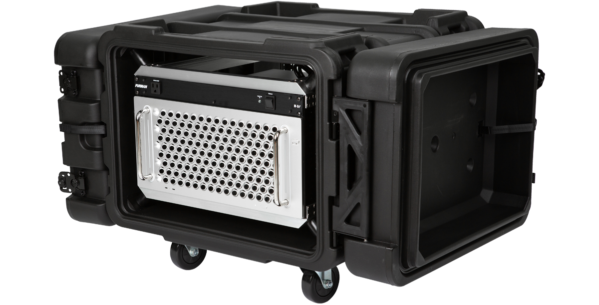 Angled view of 6U Shock Rack - 24-inch rSeries with open front lid, showcasing mounted Mac Pro and server for mobile deployment.