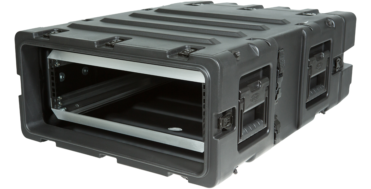 Side angle of 24-Inch RS Series Shock Rack with open front and visible shock-absorbing frame for sensitive electronics.