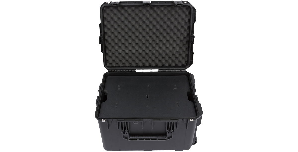 Interior view of 4U iSeries Guitar FX Fly Rack with foam insert and mounting base for guitar processors and accessories.