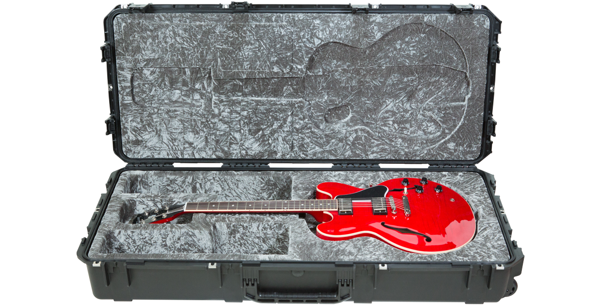iSeries 335 Guitar Case with red electric guitar inside, featuring plush interior and molded fit for secure, waterproof flight protection.