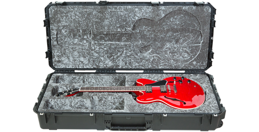 iSeries 335 Guitar Case with red electric guitar inside, featuring plush interior and molded fit for secure, waterproof flight protection.