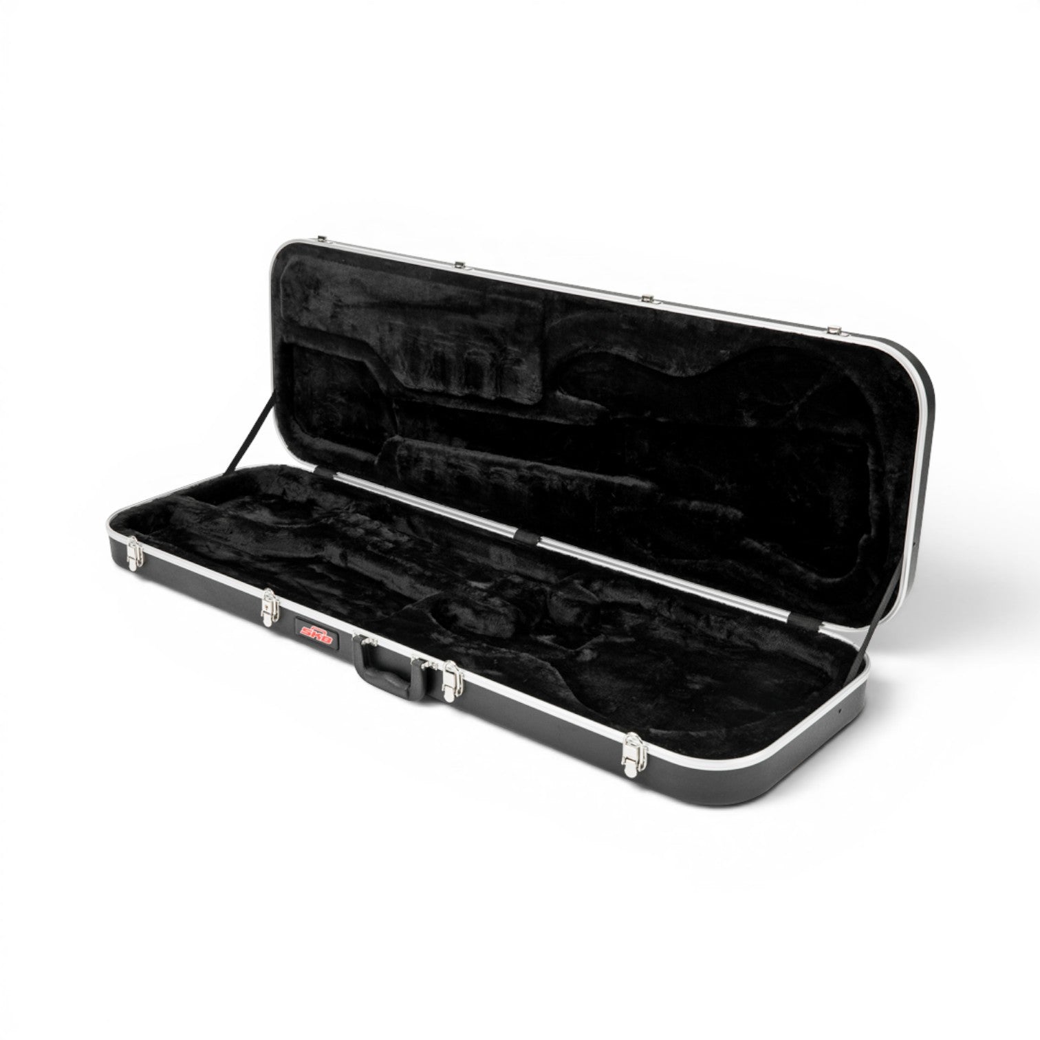 Angled open view of Electric Bass Guitar Case - Economy, highlighting plush interior and molded shape for bass guitar protection.