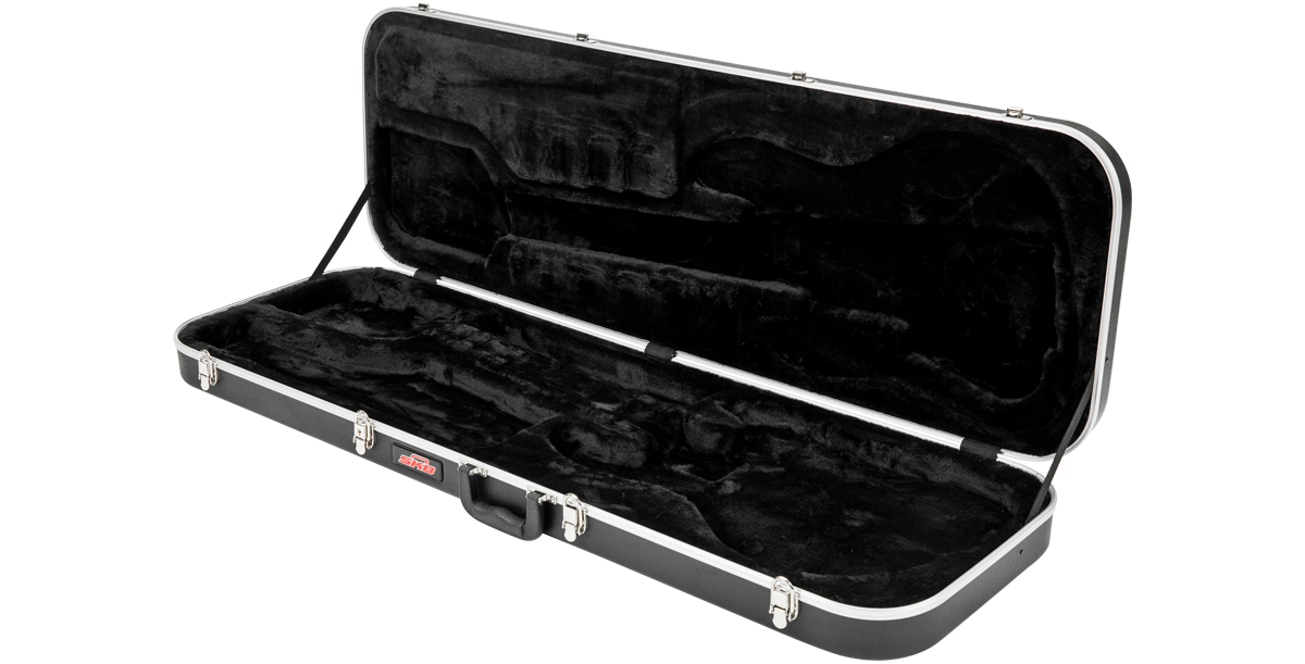 Angled open view of Electric Bass Guitar Case - Economy, highlighting plush interior and molded shape for bass guitar protection.