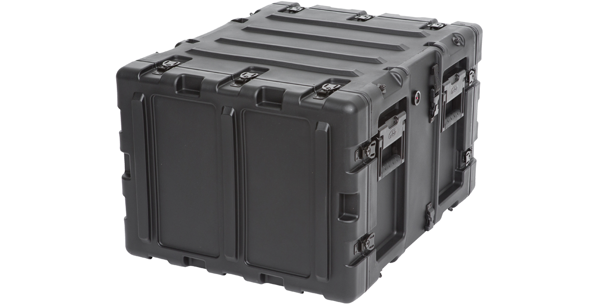 Angled rear view of 20-inch Shock Rack Case with secure latches and molded shell for durable electronics storage.