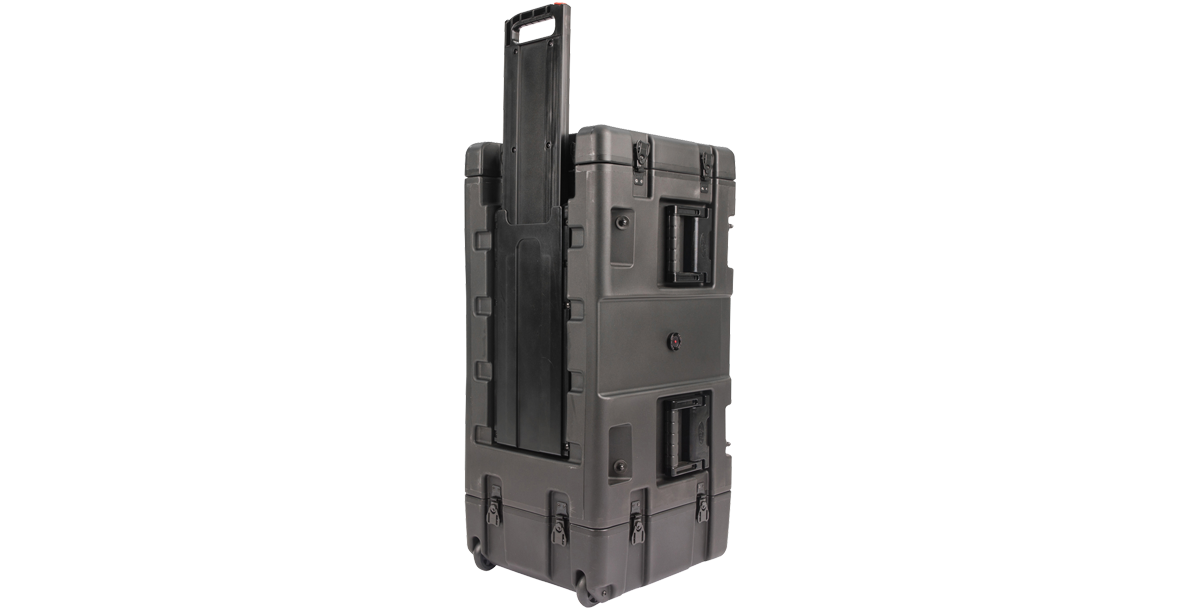 20-inch Shock Rack Case by SKB shown upright with extended pull handle and wheels, ideal for portable protective transport of racked equipment.