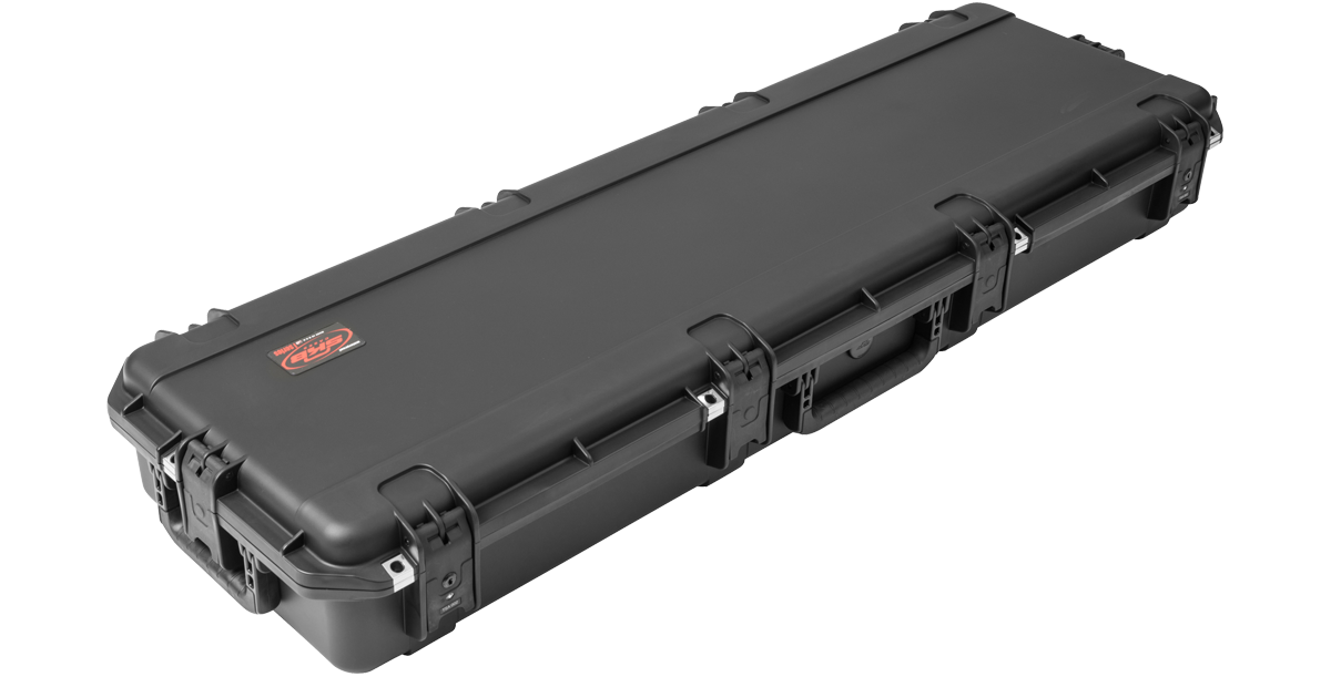 Angled view of closed Waterproof Bass Guitar Case with durable black exterior and TSA latches for secure and reliable travel use.