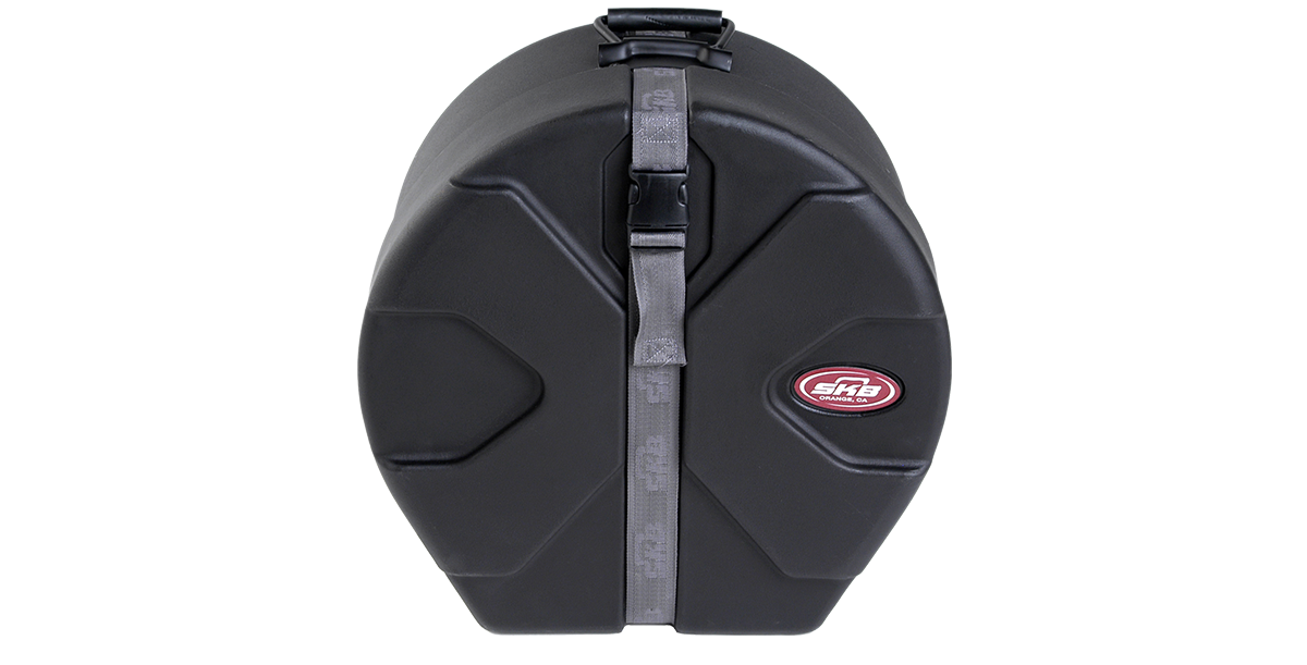 Front view of 14 x 18 marching bass drum case with SKB logo, showcasing reinforced structure and locking strap for safe transport.