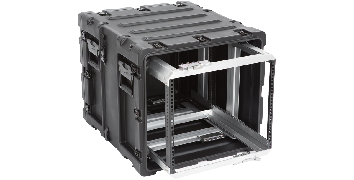 Open 20-inch shock rack case with visible internal frame and rugged exterior, ideal for pro audio and electronic gear protection.