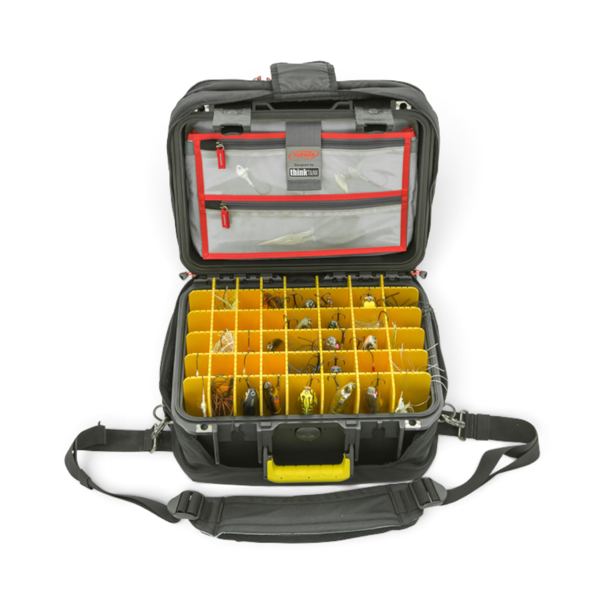 SKB Cases iSeries 1309-6 waterproof lure case with yellow dividers, 48 compartments, and Think Tank lid organizer.