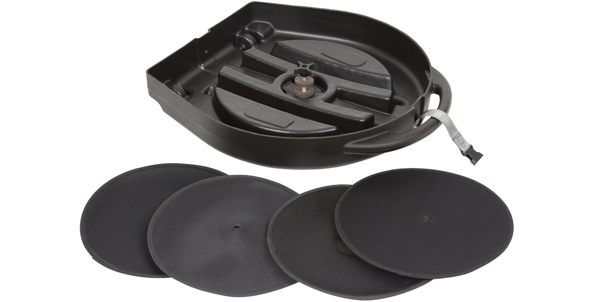 Interior view of the Rolling Cymbal Vault with foam dividers and central locking post to securely hold up to 8 cymbals.